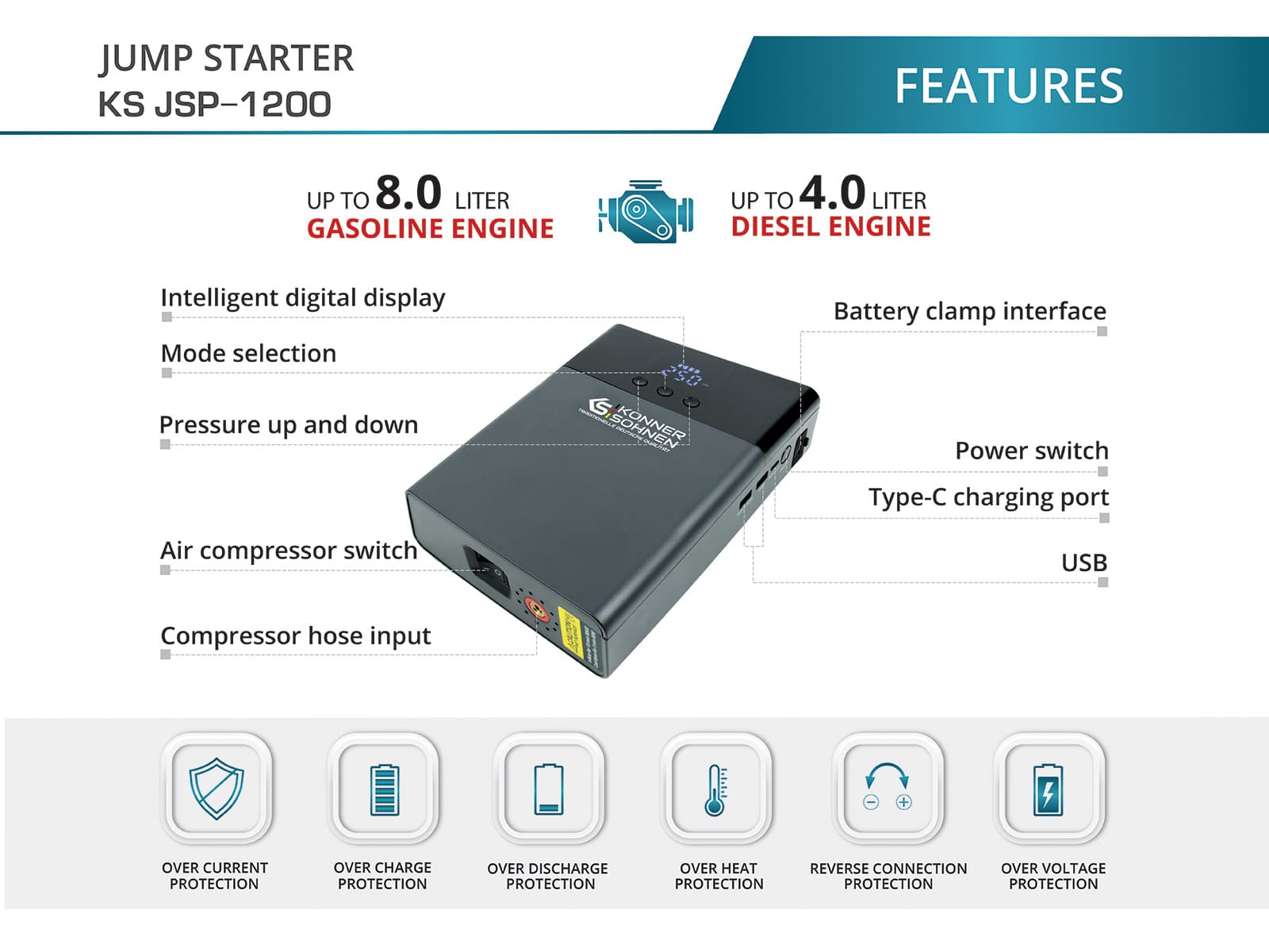 Jump starter with air compressor KS JSP-1200